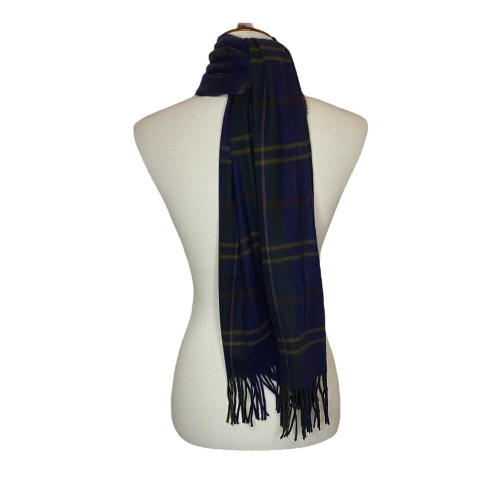 Geoffrey Beene Scarf Soft Acrylic Blue Green Tartan Plaid Fringe Unisex One Size